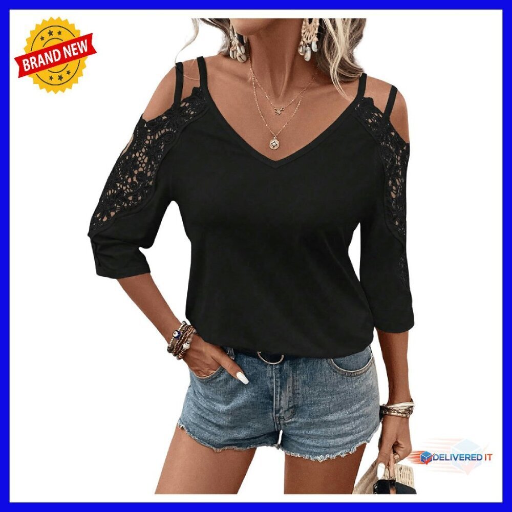 Guipure Lace V Neck Cold Shoulder 3/4 Sleeve Tee Top Women's